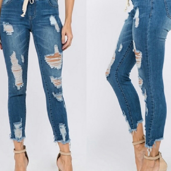 Kara and Kate Denim - Distressed Denim Skinny Jogger Pants